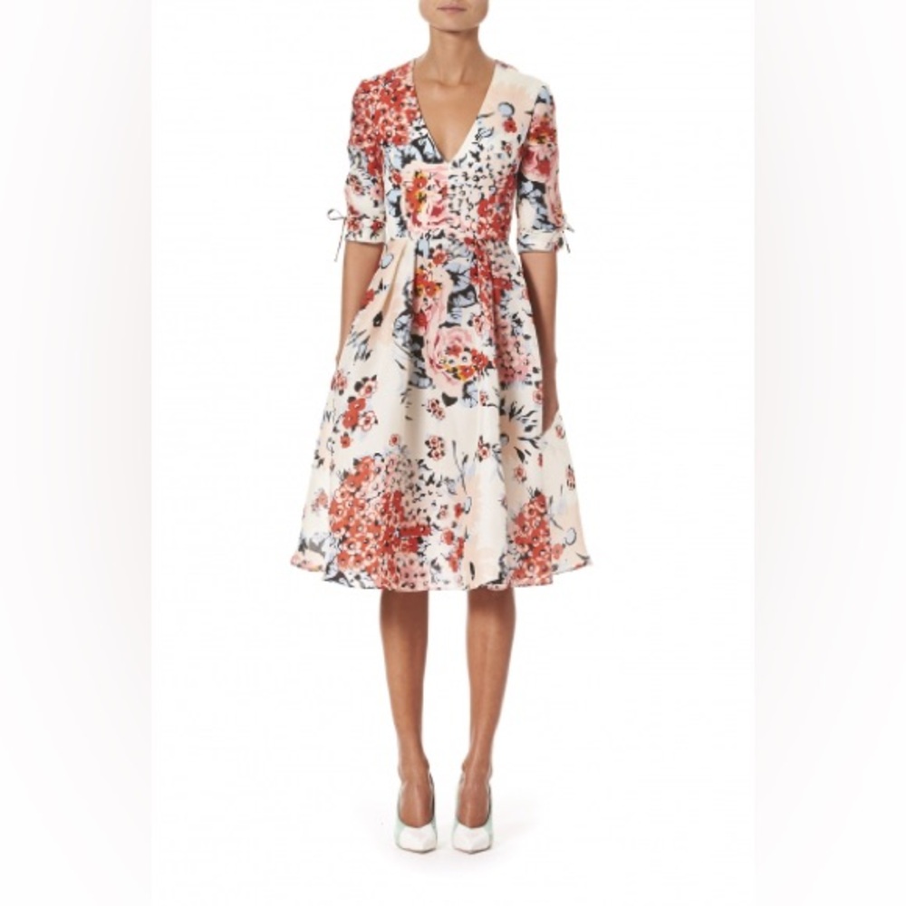 Carolina Herrera Midi Dress Fit & Flare Silk Floral Gazar Size 14